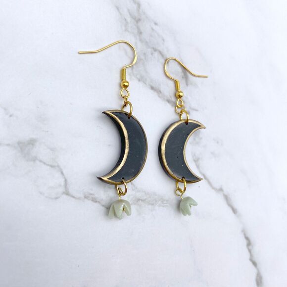 Black Moon Lily of the Valley Dangle Earrings - Picture 2 of 13